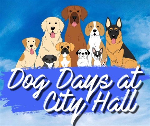 Blue square with ten different breeds of dogs titled Dog Days at City Hall