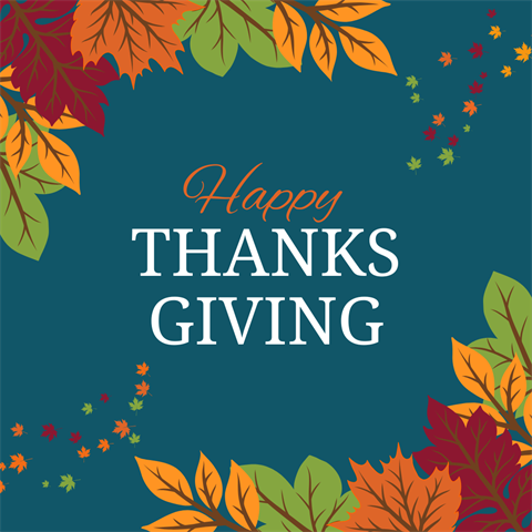 Blue flyer titled Happy Thanksgiving with a leaf border